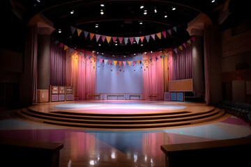 Classic theater empty stage with red curtains and decorative lights, perfect for drama performance setting.