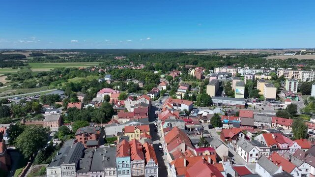 Aerial Gniew Poland historic brick castle and village 3. Northern Poland. Castle construction 13th century by Teutonic Knights. Vistula River. Agriculture land, river, forest and farm rural area.