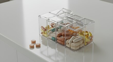 Fototapeta premium Organized jar of vitamins on a bright kitchen counter