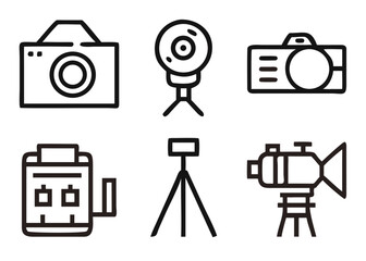 Comprehensive collection of photography equipment symbols including a digital single lens reflex camera and other essential gear for visual storytelling projects