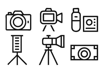 Comprehensive collection of professional photography equipment icons featuring a digital single lens reflex camera and related accessories for creative projects