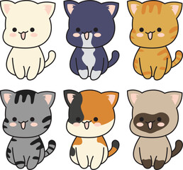Chibi cute kitty cat vector illustrations isolated. Solid, tuxedo, calico, tabby and siamese.