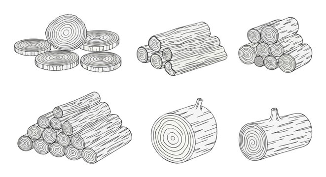 Vector illustration set in outline style of wooden elements, clean black lines with no color fill. Include tree stumps, round wood slices, stacked firewood, pile of tree trunks, cut logs, wooden plan