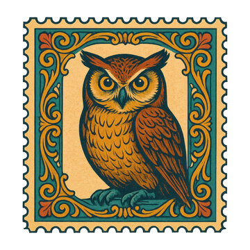PNG Vintage owl postage stamp illustration.