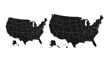 Two black and white maps of the United States, showing state borders.