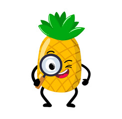 Cute Hand Drawn Curious Pineapple with Magnifying Glass
