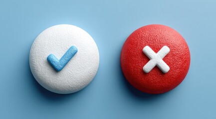 3D rendered image of white and red buttons with checkmark and X