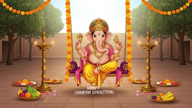Image is a digital illustration depicting a festive scene celebrating Ganesh Chaturthi. The layout is symmetrical, with a central focus on Lord Ganesha, who is seated on a decorative swing adorned wit