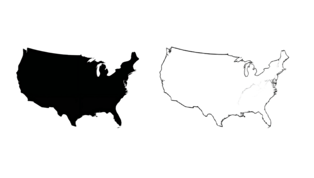 Two United States maps, one filled in black and the other an outline, displayed side by side on a white background.