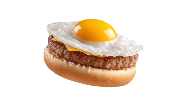 Delicious egg hamburger flying in the air isolated on a white background