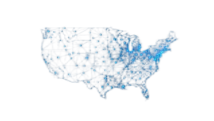 Abstract map of the United States showing interconnected nodes and lines, representing a network or data visualization.