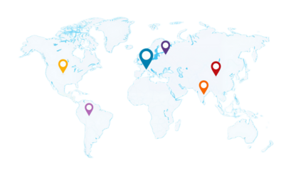 Global map with various colored location markers highlighting international presence.