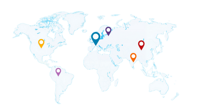 Global map with various colored location markers highlighting international presence.