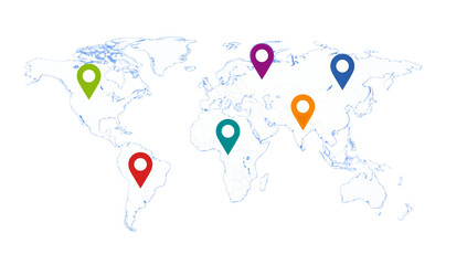 Global network map showcasing multiple location markers across continents, illustrating worldwide reach or connections.