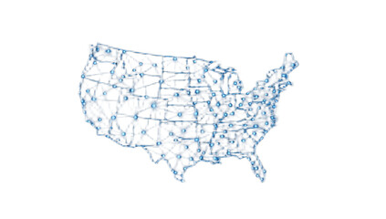 A stylized, interconnected network map of the United States, showing data points.