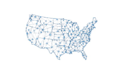 A stylized, interconnected network map of the United States, showing data points.