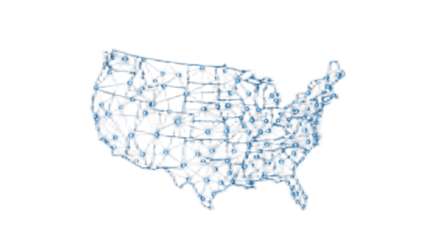 A stylized, interconnected network map of the United States, showing data points.