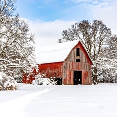 Red barn in snowy field