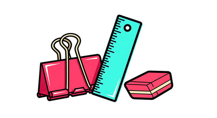 Stationery elements illustration featuring a clip, ruler, and eraser vector design