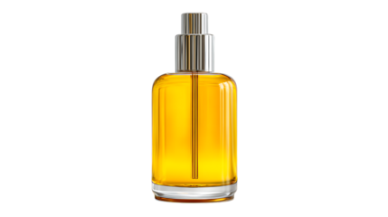 Cosmetic yellow oil bottle, minimal catalog style shot on bright white background