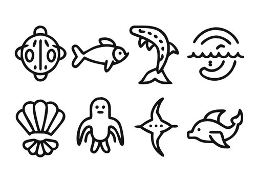 Comprehensive collection of aquatic life graphics with adaptable stroke thickness for diverse design applications