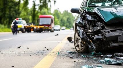 A close-up view of a damaged car involved in an accident on a busy road. Emergency responders assess the situation while bystanders observe the aftermath of the collision.