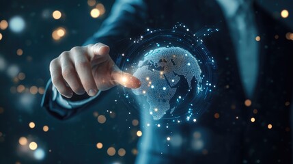 A professional hand interacting with a digital representation of the globe, symbolizing global connectivity and technological advancement in a visually captivating manner.
