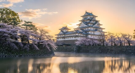 Fototapeta premium A majestic Japanese National Treasure Castle reflects gracefully in its tranquil moat, adorned with blooming cherry blossoms under the soft golden hues of dawn