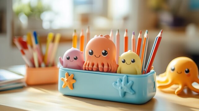 Colorful pencil holder with cute cartoon octopuses