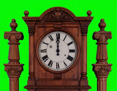 Ornate wooden grandfather clock with architectural columns against vibrant green chroma key backdrop