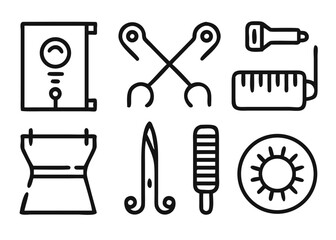 A collection of sewing themed graphical elements with adaptable stroke thickness for various design applications