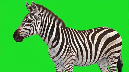 Zebra with black and white stripes standing on chroma key green screen, perfect for compositing and video effects