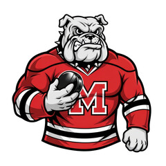 Naklejka premium Cartoon bulldog mascot in hockey jersey holding a puck isolated on transparent background