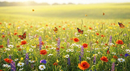 Wildflower meadow with butterflies and sunlight