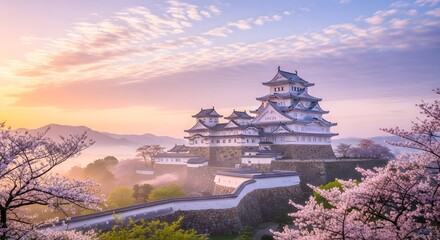 Naklejka premium Sunrise Serenity A Majestic View of the Japanese National Treasure Castle in Full Bloom