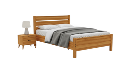 Stylish Natural Wood Bed Frame with Matching Nightstand and Lamp for Cozy Bedroom Ambiance
