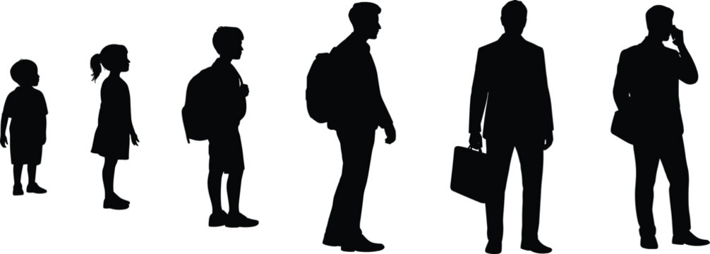 Childhood to adulthood progression, growing up stages, life journey silhouette, age transition concept, human development timeline, career path growth