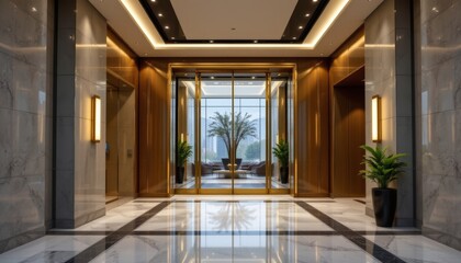 Modern Lobby with Elevator and Potted Plants