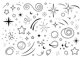 Hand drawn celestial starry night sky galaxy seamless pattern design featuring cosmic elements in vibrant colors