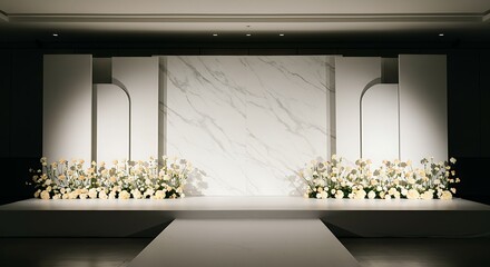 Elegant and modern wedding stage design with white marble backdrop and fresh floral arrangements, perfect for a luxurious celebration