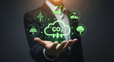 Businessman presenting eco-friendly solutions with clean energy icons for a sustainable future