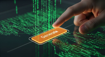 Finger touching 'Generate' button on digital circuit board, data processing concept