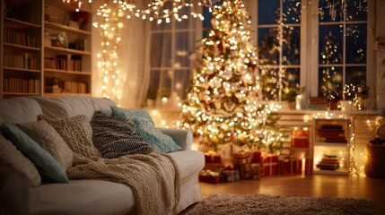 A cozy living room with a decorated Christmas tree and light