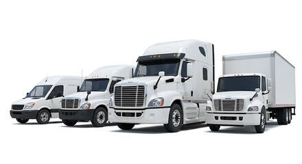 Collection of white commercial trucks and vans on white background