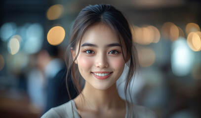 a bright smile and polished attire, the young businesswoman creates a welcoming and professional impression making up the good vibe in the office workplace.