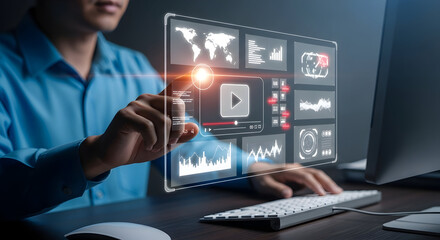 Professional analyzing data with modern interface for dynamic business strategy and futuristic innovation