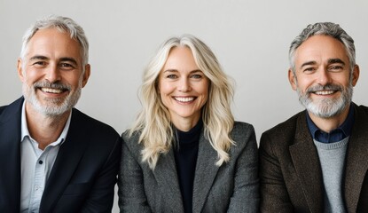 Dressed in business suits, a group of senior professionals stands against a white background, radiating professionalism and team spirit.