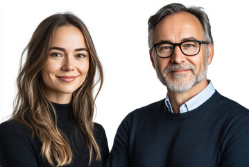The man and woman casual attire business shirt and warm smiles highlight a simple yet strong business partnership standing together on white background.