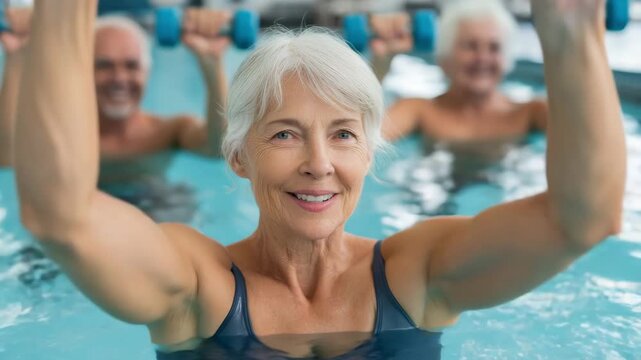 A group of seniors participates in a water aerobics class at a community pool. They lift small weights while enjoying an energetic workout together, promoting health and wellness.