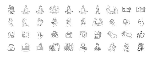 Pregnancy Line Icon Set  Detailed Maternity & Prenatal Care Icons Baby, Motherhood, Hospital, Yoga, Medical, Baby Shower Vector Pack